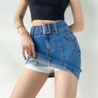 High-waist Denim Mini Pencil Skirt With Belt