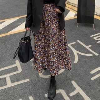 Flower Print Midi A-line Skirt Maple Leaf Red - One Size