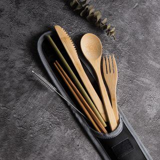 Set: Bamboo Chopsticks + Fork + Knife + Spoon + Drinking Straw + Cleaning Brush + Pouch