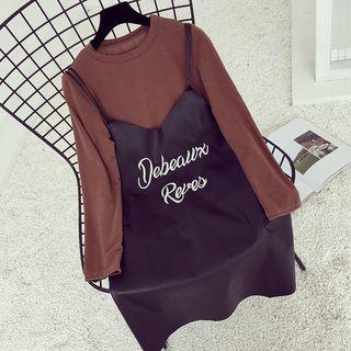Set: Letter Embroidered Faux Leather Spaghetti Strap Dress + Long Sleeve T-shirt