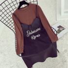 Set: Letter Embroidered Faux Leather Spaghetti Strap Dress + Long Sleeve T-shirt