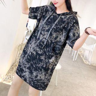 Elbow-sleeve Lettering Tie-dye Mini Hoodie Dress