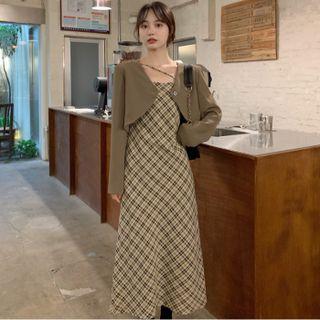 Spaghetti-strap Plaid Midi A-line Dress / Cropped Jacket