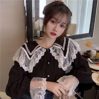 Long-sleeve Wide Collar Lace Trim Blouse / Short-sleeve T-shirt
