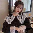 Long-sleeve Wide Collar Lace Trim Blouse / Short-sleeve T-shirt