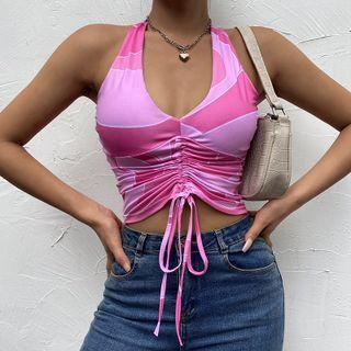 Color Block Drawstring Cropped Halter Top