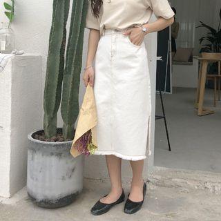 Frayed Hem Denim Midi Skirt