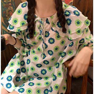 Elbow-sleeve Layered Collar Floral Print Blouse Green Flower - White - One Size