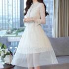 3/4-sleeve Sheer Panel Pleated Midi Dress
