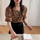 Square-neck Floral Lantern-sleeve Top