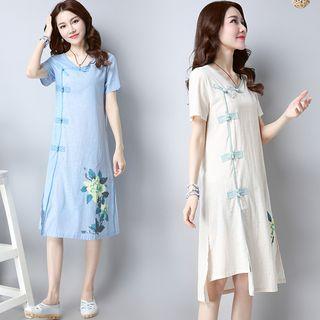 Frog-button Printed Short-sleeve Linen A-line Dress