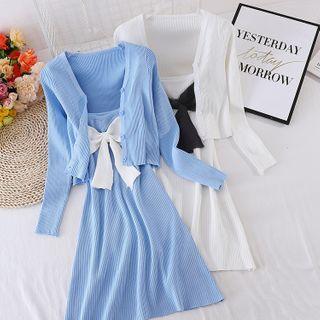 Set: Spaghetti Strap Bow Knit Dress + Cardigan