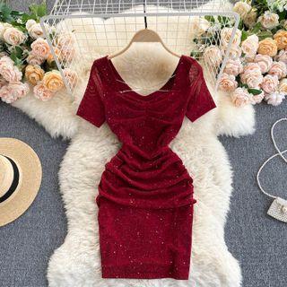 Short-sleeve Cross Neck Sheath Dress