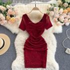 Short-sleeve Cross Neck Sheath Dress