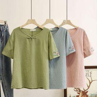 Short-sleeve Frog-buttoned Embroidered T-shirt