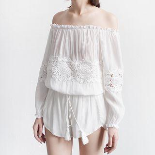Crochet Trim Off Shoulder Long Sleeve Top