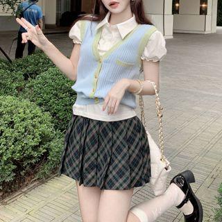Puff-sleeve Shirt / Ribbed Sweater Vest / Plaid A-line Skirt