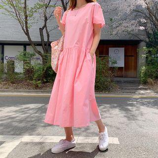 Square-neck Puff-sleeve Dress Pink - One Size