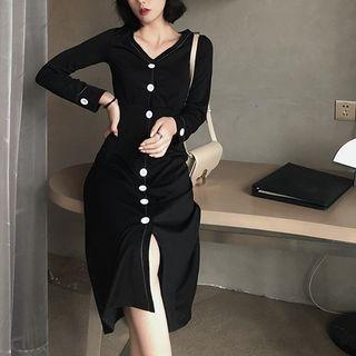 V-neck Single-breasted Dress Black - One Size