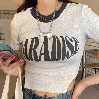 Short-sleeve Contrast Trim Lettering Asymmetrical T-shirt