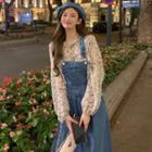 Long-sleeve Floral Blouse / Denim Midi A-line Overall Dress