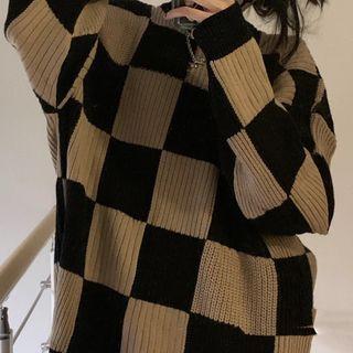 Check Sweater Sweater - Check - Khaki & Black - One Size