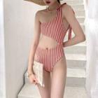 One-shoulder Striped Cut-out Swimsuit