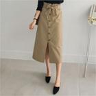 Paperbag-waist Buttoned Long Skirt With Sash