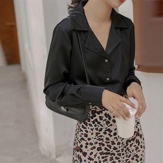 Notch Lapel Button-up Satin Blouse