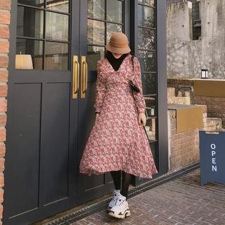 V-neck Frilled-trim Long Floral Dress Pink - One Size