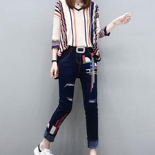 Set: Striped 3/4-sleeve Knit Top + Printed Straight-cut Jeans