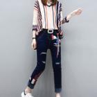 Set: Striped 3/4-sleeve Knit Top + Printed Straight-cut Jeans