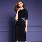 Short-sleeve Sequined Lace Long Sheath Dress