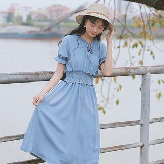 Short Sleeve Gathered-waist Chiffon Dress