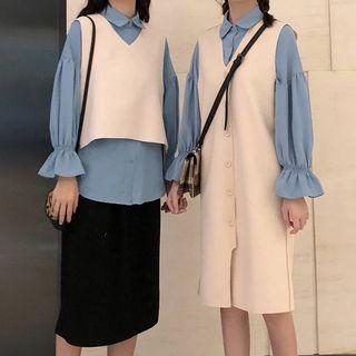 Trumpet Cuff Shirt / V-neck Vest / Buttoned Jumper Dress