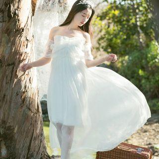 Short-sleeve Off Shoulder Sheer Panel Midi Dress