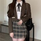 Cropped Blazer / Shirt / Plaid Mini Pencil Skirt