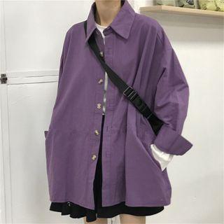 Loose-fit Long-sleeve Plain Button-up T-shirt
