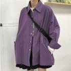 Loose-fit Long-sleeve Plain Button-up T-shirt
