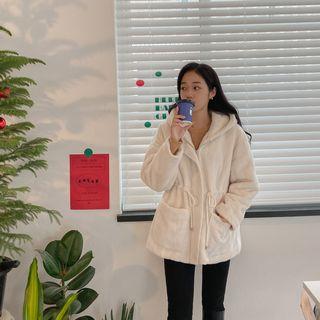 Drawcord-waist Hooded Fuzzy Jacket White - One Size