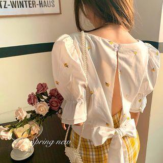 Off Back Embroider Floral Bow Top White - One Size