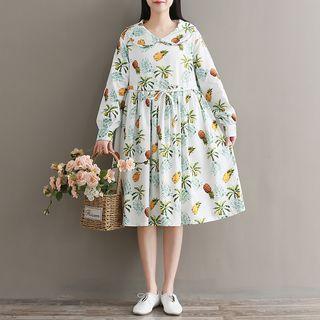 Pineapple Print Long-sleeve A-line Midi Dress