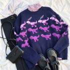 Dinosaur Jacquard Sweater Dark Blue & Purple - One Size