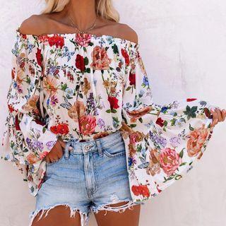 Puff-sleeve Cold Shoulder Floral Blouse