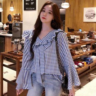 Bell-sleeve Plaid Ruffle Trim Blouse Blue - One Size