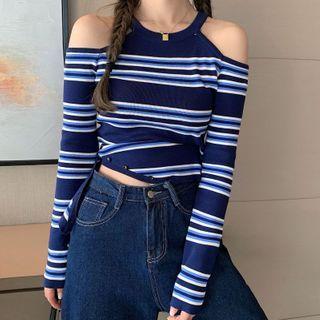 Cold Shoulder Long-sleeve Striped T-shirt