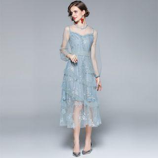 Long-sleeve Floral Embroidered Mesh Panel Midi Dress