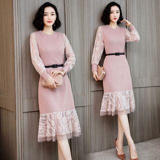 Lace Panel Long-sleeve Ruffle Hem Midi Sheath Dress