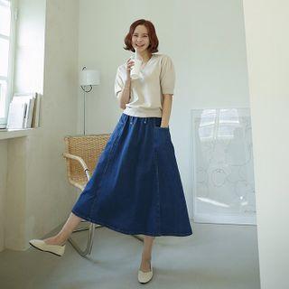 Drawcord Denim Maxi Skirt