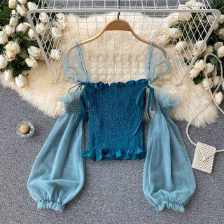 Off-shoulder Cutout Mesh Panel Top